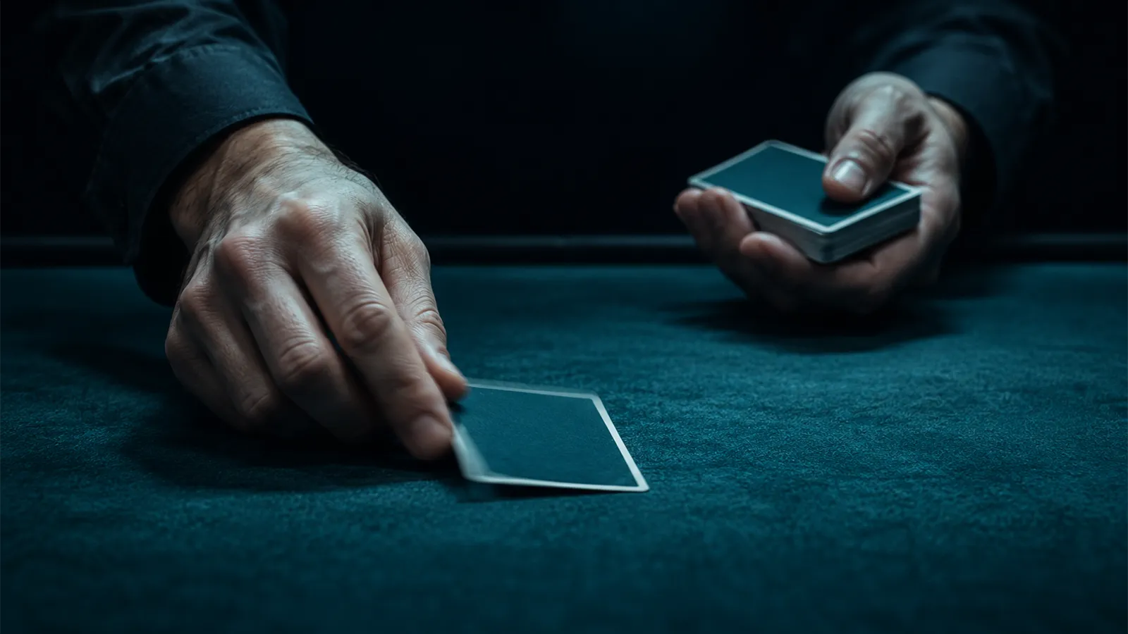 Manos de un dealer repartiendo una carta sobre el fieltro verde azulado, con desenfoque de movimiento, bajo luz turquesa