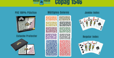 Imagen promocional de las barajas Copag 1546, mostrando características como PVC 100% plástico, múltiples colores, opciones de índice Jumbo y Regular, y un estuche protector, con el logotipo de Poker Room Poker Rules en la parte superior.