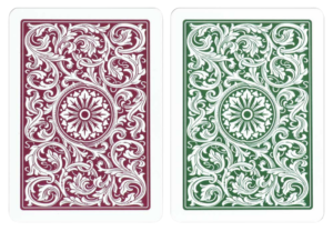 eversos de las cartas Copag 1546 en colores burdeos y verde, con detalles clásicos.