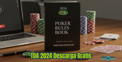 Un libro negro titulado "Poker Rules Book - 2024" con el logo de la TDA y la mención "Translated by Carlos Herrera" se encuentra sobre una mesa con fichas de póker, cartas y una laptop abierta en el fondo. En la parte inferior, el texto "TDA 2024 Descarga Gratis" junto con el logo de Poker Room Poker Rules.
