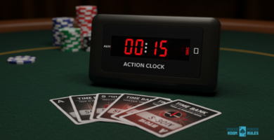 Un reloj de acción de póker muestra una cuenta regresiva de 15 segundos sobre una mesa de póker, acompañado de varias cartas de "Time Bank" y fichas de diferentes denominaciones en el fondo.