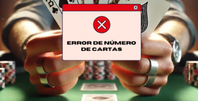 Primer plano de un jugador sosteniendo cartas de póker en un escenario de Omaha Bomb Pot, con un mensaje emergente que indica un error en el número de cartas.