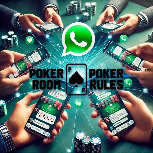 Imagen de la comunidad Poker Room Poker Rules en WhatsApp, mostrando varias manos sosteniendo smartphones con chats visibles, el logo de WhatsApp y Poker Room Poker Rules al centro, simbolizando la colaboración profesional entre directores de torneos de póker.