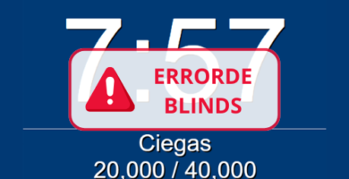 Captura de pantalla de un software de gestión de torneos de póker mostrando un error en los niveles de ciegas, con el mensaje "Error de Blinds" y detalles del torneo en un diseño profesional.