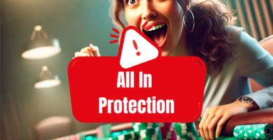 Una jugadora emocionada empuja fichas hacia el centro de una mesa de poker declarando "All-in", acompañada de un letrero rojo que dice "All In Protection".