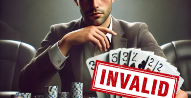 Jugador de poker con seis cartas en la mano en una mesa de poker profesional, con un sello rojo que dice "INVALID" indicando una mano no válida.