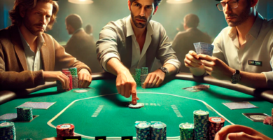 Una escena en un casino donde varios jugadores están sentados alrededor de una mesa de póker con fichas y cartas. En el centro, un jugador realiza una apuesta, mientras el texto "Live Straddle Bets" y "Todo lo que Necesitas Saber" aparece en estilo llamativo sobre la imagen.