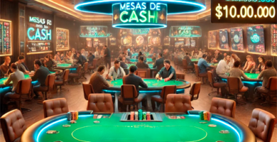 Sala de poker con mesas de cash, jugadores participando en partidas, luces de neón y un premio destacado de $10,000,000.