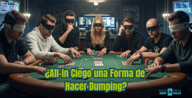 Varios jugadores de póker en una mesa llevan los ojos vendados mientras realizan apuestas. En la imagen aparece el texto "¿All-In Ciego una Forma de Hacer Dumping?" junto con el logo de Poker Room Poker Rules.