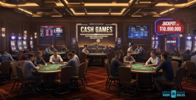 Un elegante salón de póker con múltiples mesas de Cash Games, jugadores en acción y pantallas digitales que muestran promociones y jackpots. En el fondo, un letrero iluminado anuncia un premio acumulado de $10,000,000.