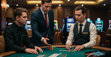 Un director de torneo supervisa una situación en la mesa de póker, señalando fichas mientras un Dealer y un jugador observan atentamente. En el fondo, se ven máquinas tragamonedas y la iluminación del casino. En la esquina inferior derecha, el logo de Poker Room Poker Rules.