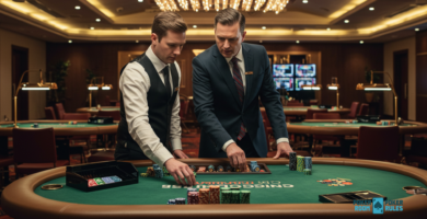 Dos encargados de sala organizan fichas en una mesa de póker, asegurando la correcta operación del juego en un casino bien iluminado.