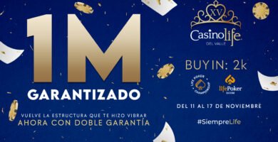 Afiche promocional de un torneo de póker en Casino Life Del Valle, con un premio garantizado de 1 millón, buy-in de 2k, cartas y fichas flotando sobre un fondo azul elegante.