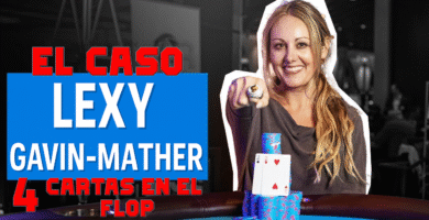 Miniatura estilo YouTube con una jugadora de póker sonriendo junto a una pila de fichas y cartas comunitarias, acompañada del texto “El caso Lexy Gavin-Mather: 4 cartas en el flop”.