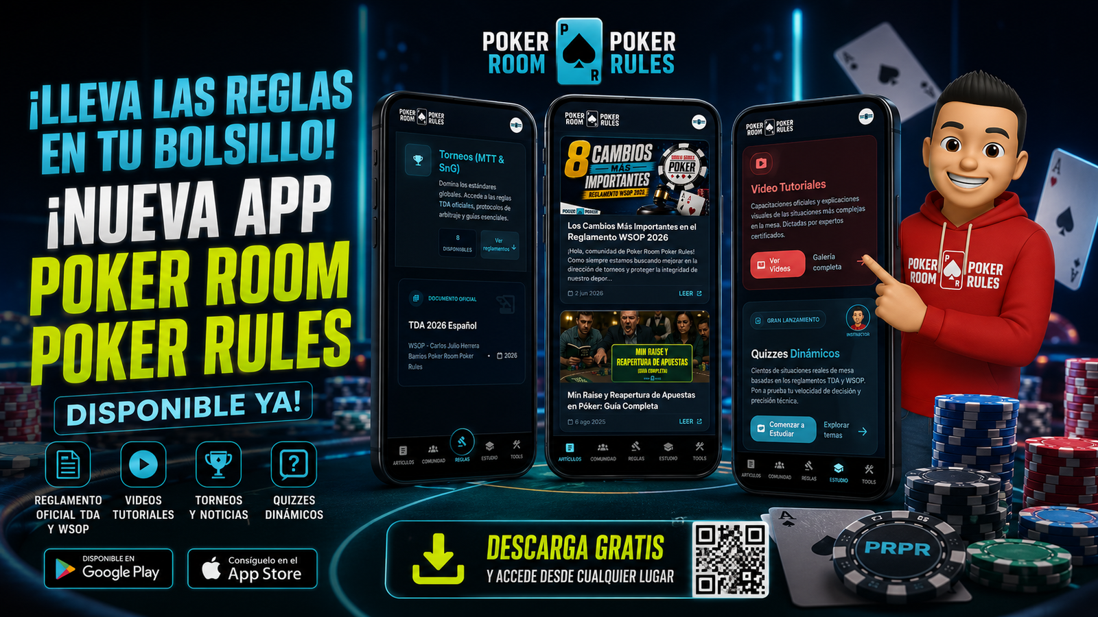 Aplicación Poker Room Poker Rules con reglamentos TDA 2026, artículos, video tutoriales y quizzes interactivos para jugadores y directores de torneos de poker.