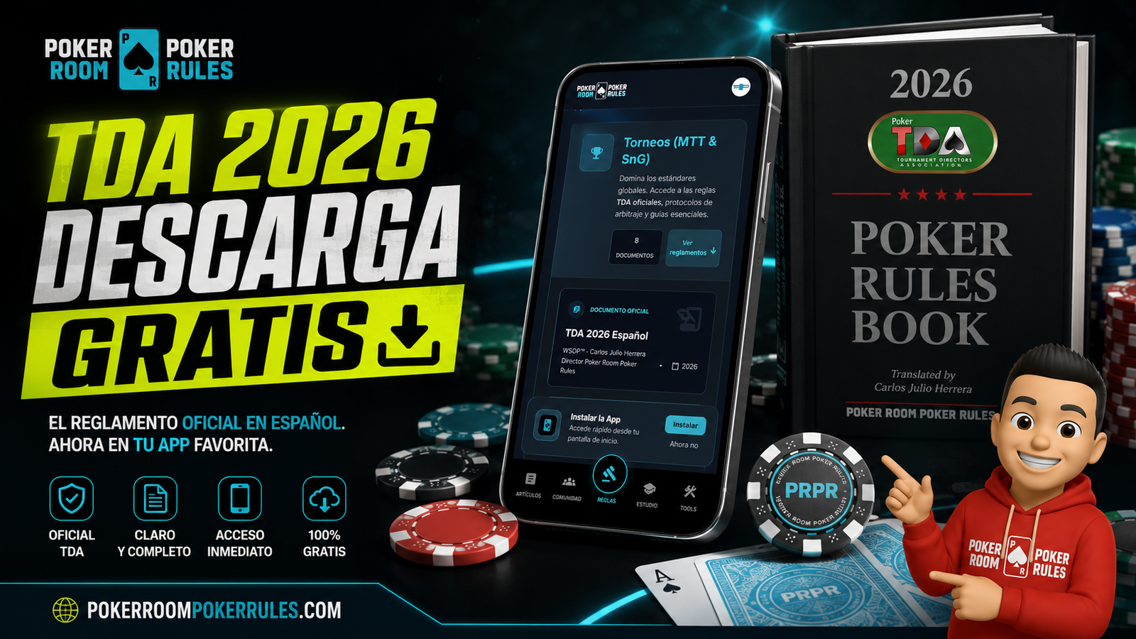 DA 2026 en Español para descargar gratis desde la app Poker Room Poker Rules. Reglamento oficial de torneos de póker traducido por Carlos Herrera.